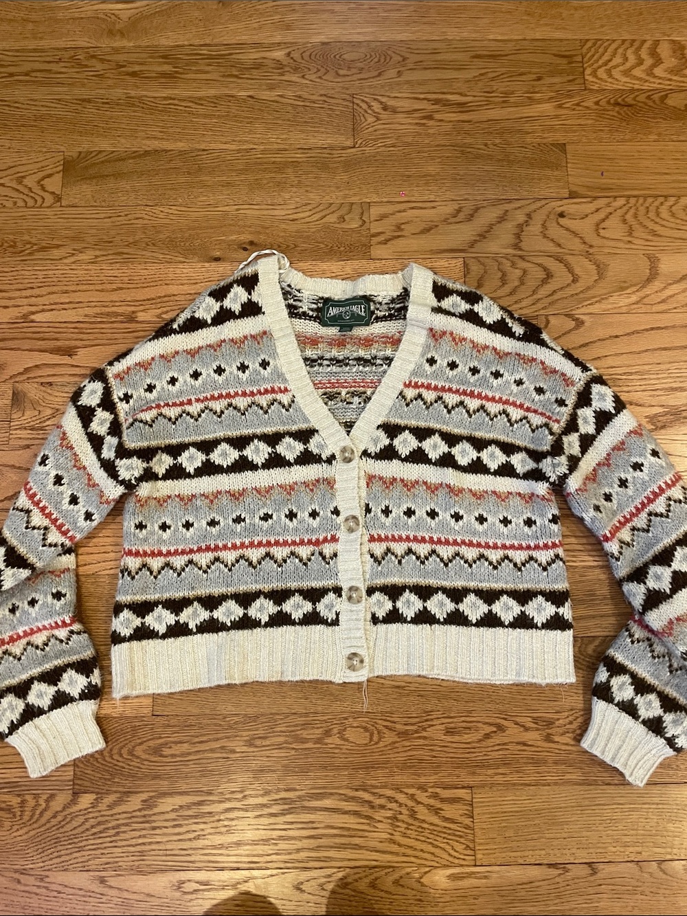 American Eagle Outfitters Cream Fair Isle Cardigan with Brown and Rust Accents